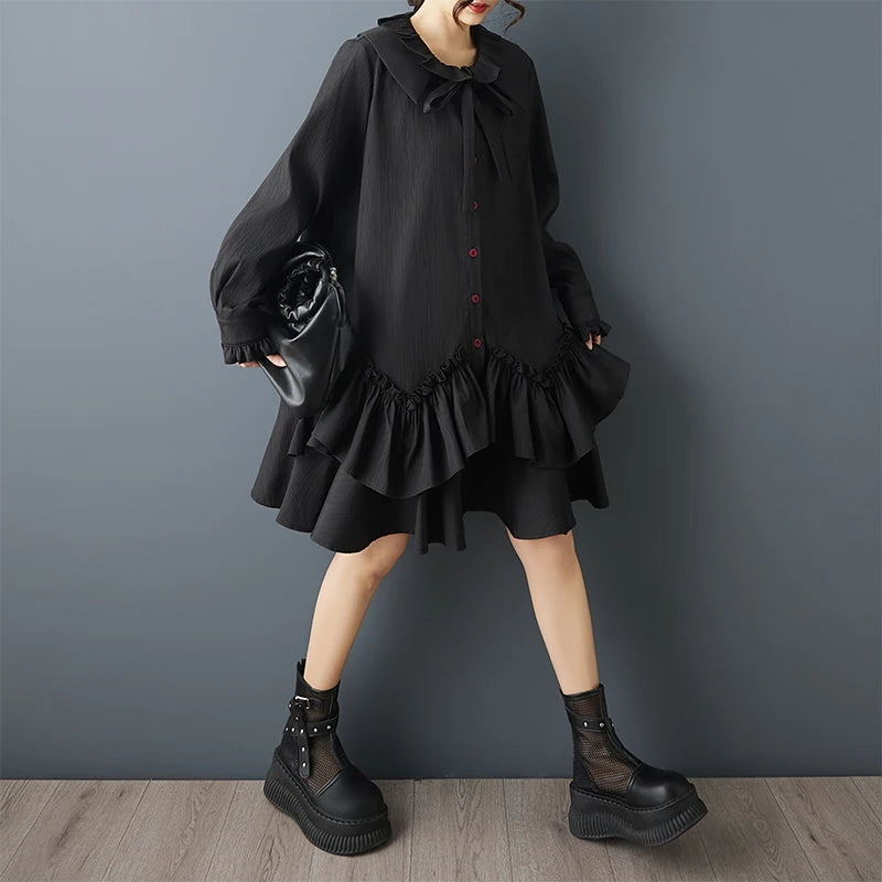 Loose Dark Design Double Layered Doll Collar Ruffle  Patchwork Dress Women's plus Size Cotton Blend Long Sleeve Midi Dress