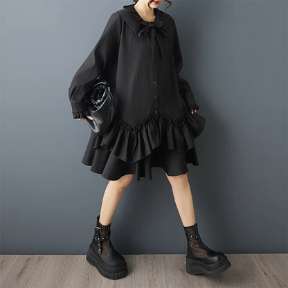 Loose Dark Design Double Layered Doll Collar Ruffle  Patchwork Dress Women's plus Size Cotton Blend Long Sleeve Midi Dress