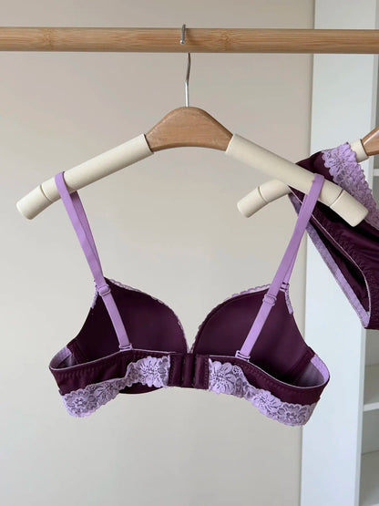 Sexy Purple Lace Lingerie Set for Women Push Up Bra No Underwire Small Bust Fit gathering Cups Lift Petite Cute Panties YUQI