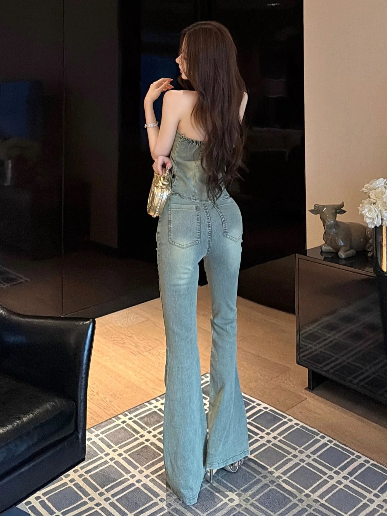 Sexy Slimming Bell Bottoms Two Piece Set with Strapless Denim Vest And  Knot Top for Young Women Spring Fashion