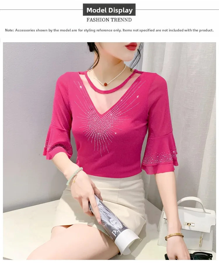 Sexy Hollow out Mesh Seven Quarter Sleeve Fashion Trend Summer T-Shirt Women Slimming Versatile Top Half Sleeve Small Shirt