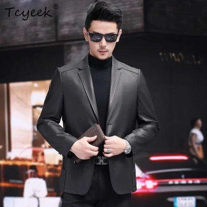 Tcyeek Real Top Layer Sheepskin Autumn Winter Black Suit Collar Men's Genuine Leather Jacket Jaqueta De Couro Masculina 가죽자켓
