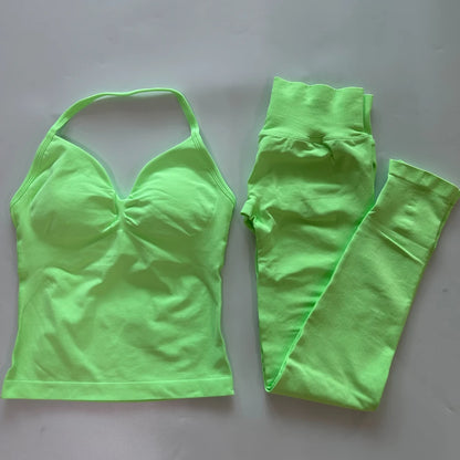 2 Pieces Sports Set Women Backless Tank Yoga Tops High Waist Scrunch Seamless Shorts Sport Gym Set Sportswear Workout Set