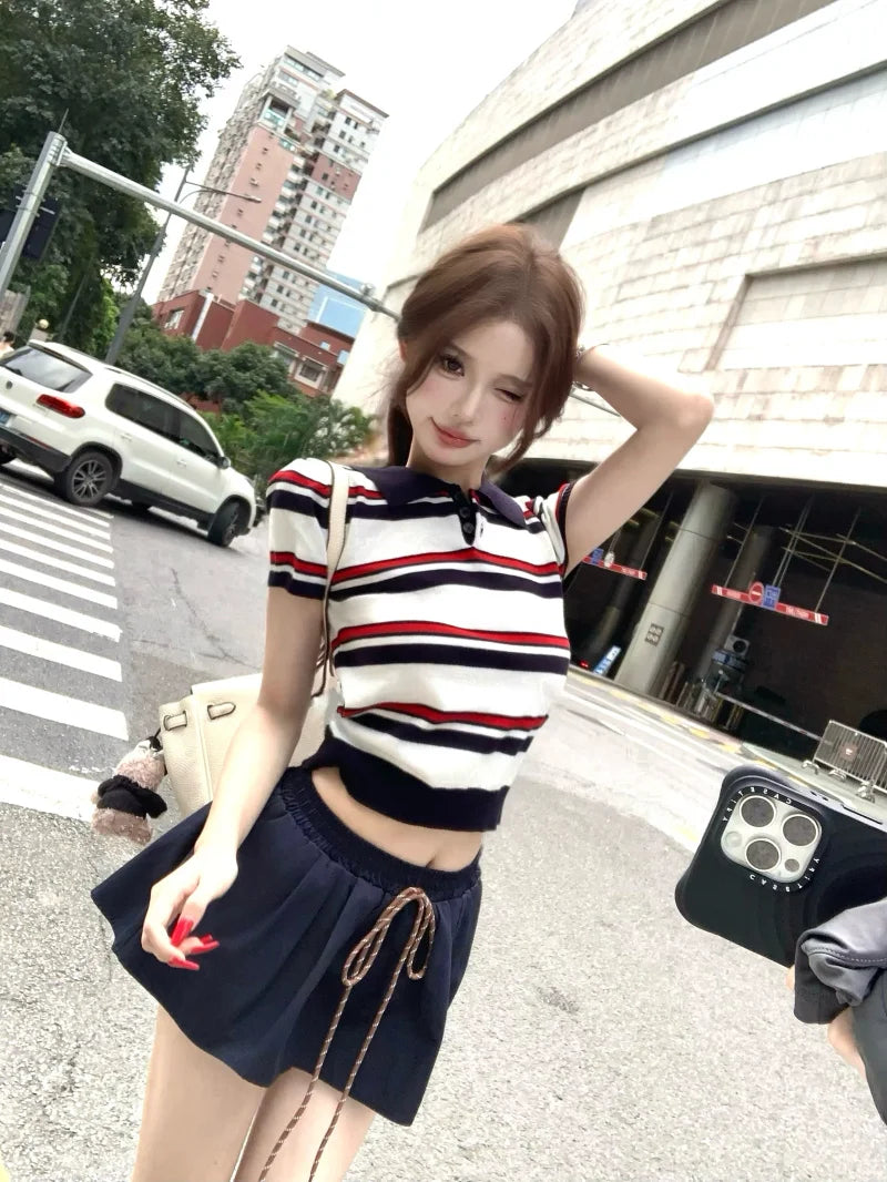 Miu Stripe  Neck Knitted Short Sleeve T-Shirt Women's Summer Design Sensible Short Style Korean Version Slim Fit Top