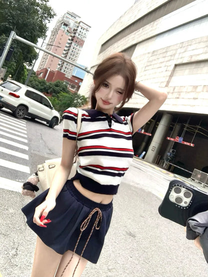 Miu Stripe  Neck Knitted Short Sleeve T-Shirt Women's Summer Design Sensible Short Style Korean Version Slim Fit Top