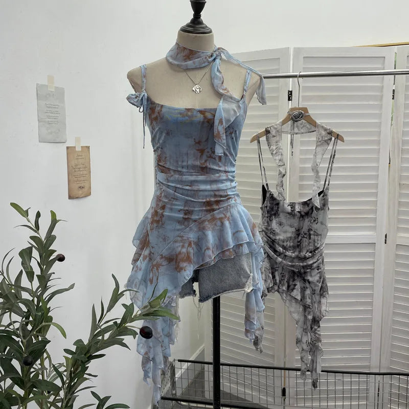 Women's Vintage Tie-dye Printed Mesh Spaghetti Strap Camisole Hot Girl Irregular Ruffled Ribbon Sleeveless Top Partyclub 1185