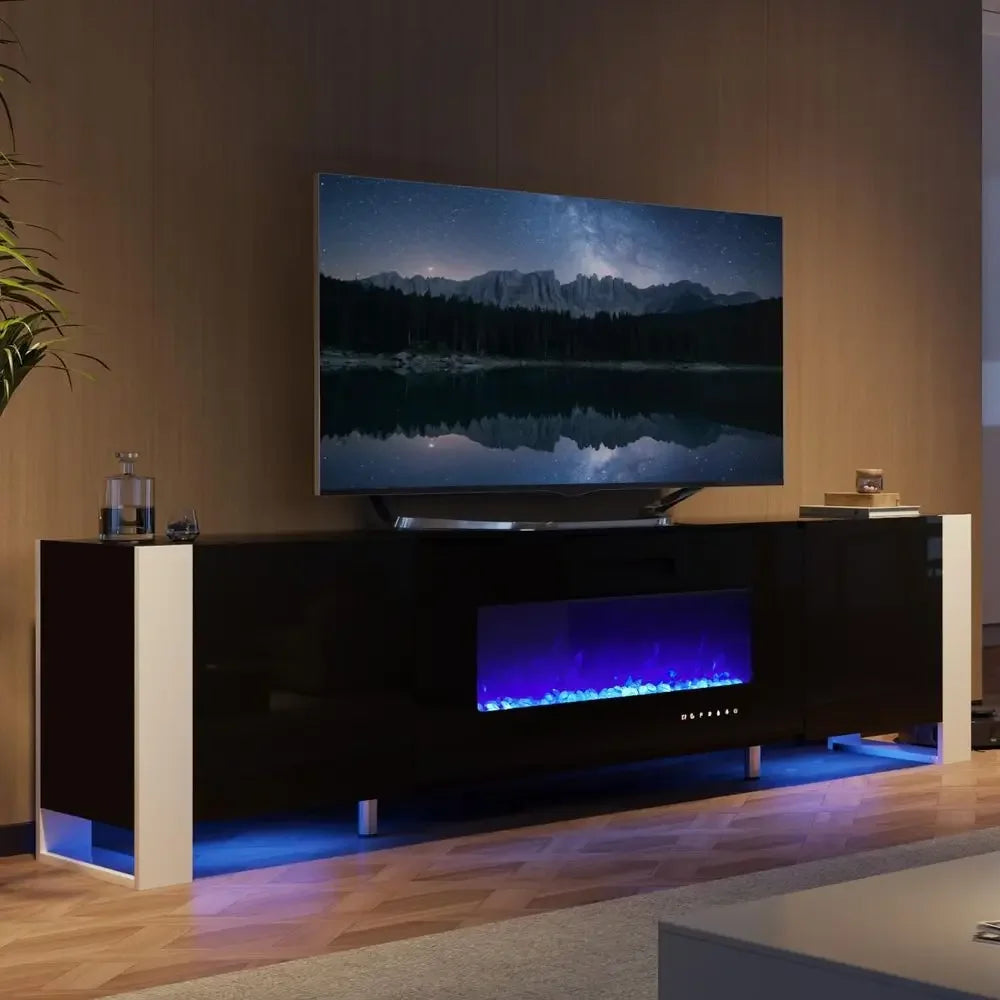 Fireplace TV Stand with 36" Fireplace, 70" Modern Entertainment Center with High Gloss Doors & LED Lights, U-Shaped Legs TV Cons