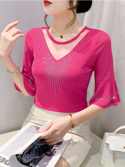 Sexy Hollow out Mesh Seven Quarter Sleeve Fashion Trend Summer T-Shirt Women Slimming Versatile Top Half Sleeve Small Shirt