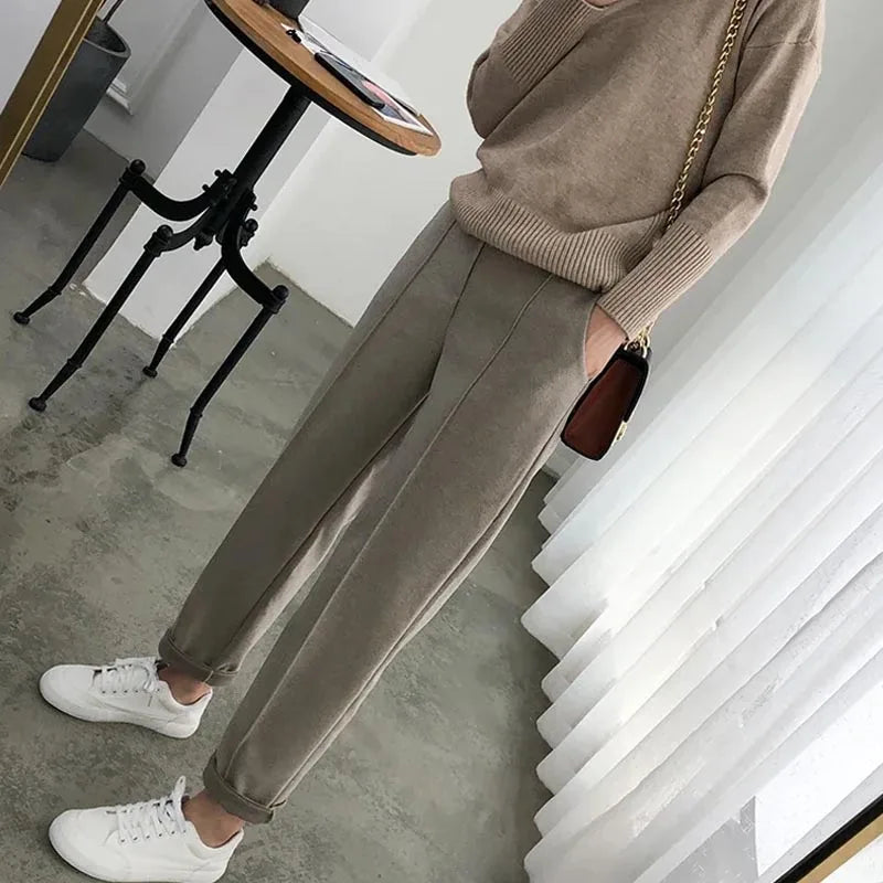 New Simple Warm Pants Women Casual Elastic Waist Pant Autumn Winter Thicken OL Wool Female Pants Loose Lady Trousers Capris