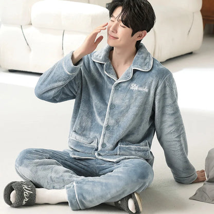 Men's Winter Thickened Fleece Pajamas Coral Velvet Home Clothes Set New Style Long Sleeve Stand Collar Couple's Outfit
