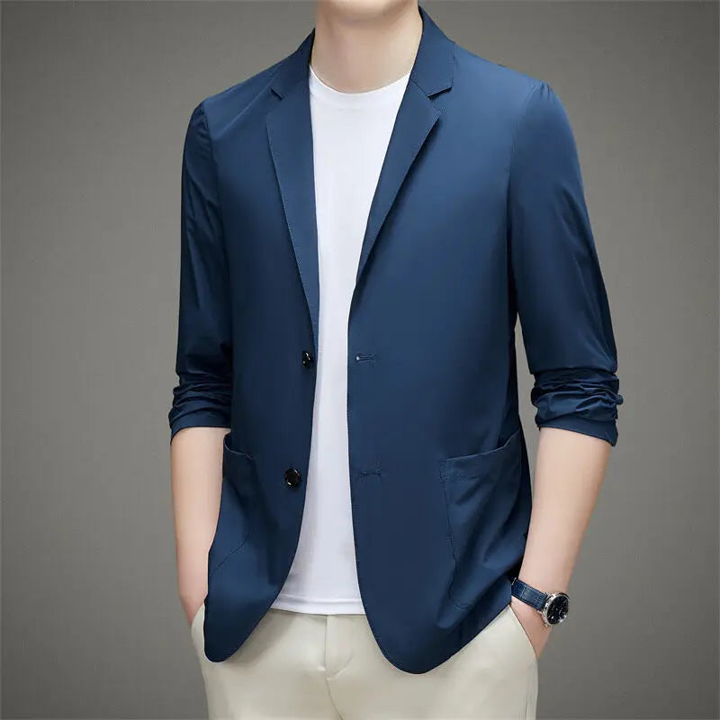 Men's Summer Thin Ice Silk Blazer Sunscreen Casual Jacket Lightweight Breathable Spring Summer Outerwear Single Suit Coat Top