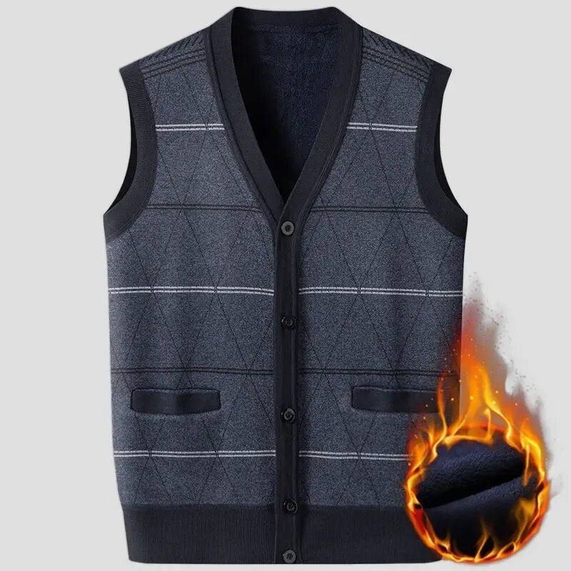 Men's Argyle Cardigan Vest Grey Knit Sweater Autumn Winter Warm Diamond Pattern Design Loose Comfortable Multiple Sizes Clothing