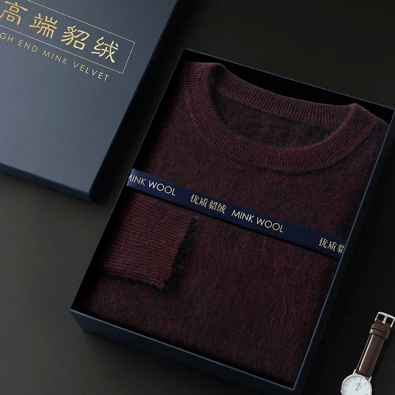 100% Pure Mink Cashmere Men's Round Neck Sweater For Autumn Winter, Casual Knitted Long Sleeved Pullover Sweater Men's Clothng