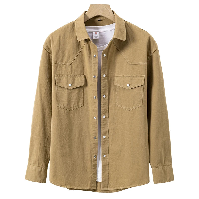 100% Cotton Workwear Shirt Jacket, Korean Snap Button Design, Enzyme Wash Vintage, Khaki Black Grey Beige S-4XL