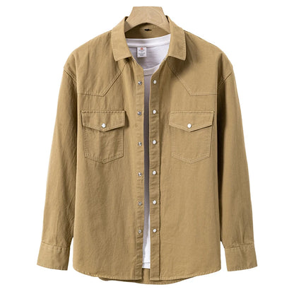 100% Cotton Workwear Shirt Jacket, Korean Snap Button Design, Enzyme Wash Vintage, Khaki Black Grey Beige S-4XL