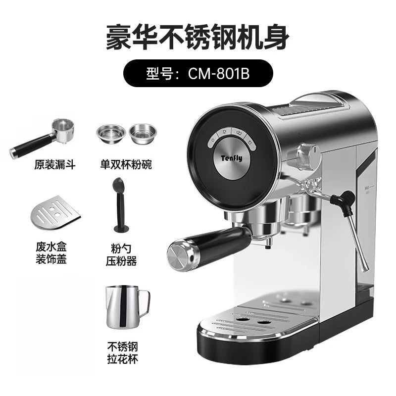 220V Tenfly Semi Automatic Espresso Machine 20Bar Pump Compact Home Coffee Maker with Steam Milk Frother AF