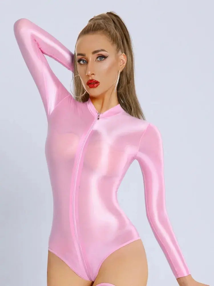 New Glossy Shiny Long Sleeve Swimsuit Zipper Crotch Bodysuit Tights Body Teddies Sukumizu High Elastic Leotard Unitard Tshirt
