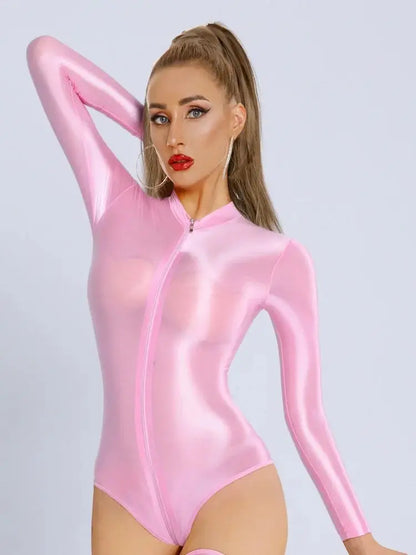 New Glossy Shiny Long Sleeve Swimsuit Zipper Crotch Bodysuit Tights Body Teddies Sukumizu High Elastic Leotard Unitard Tshirt