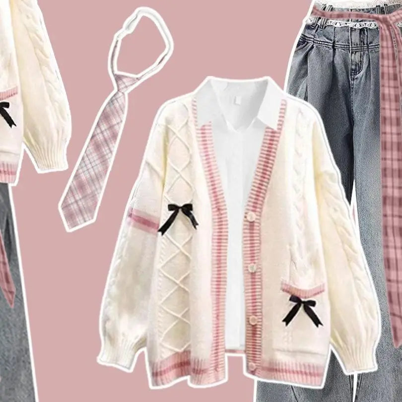 Korean Style Winter College Fashion Knitted Cardigan Jacket Beautiful Unique Miu Series Sweater Three Piece Set High Waist Pa...