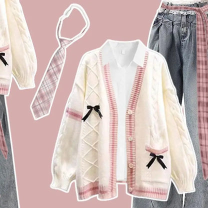 Korean Style Winter College Fashion Knitted Cardigan Jacket Beautiful Unique Miu Series Sweater Three Piece Set High Waist Pa...