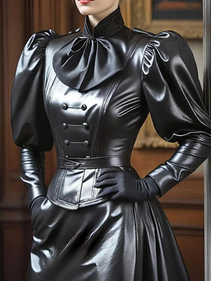 Faux Leather PU Top for Women Stand Collar Lantern Sleeve Sweet High Street American Retro Blouse Vintage Cinched Bow T shirts