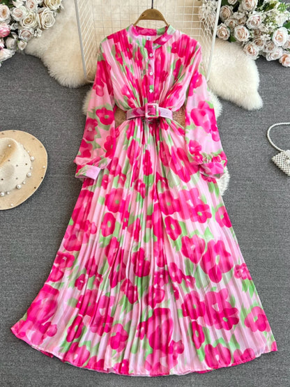 Ele Vintage Long Sve A-Line Printed Gown with Pleated Skirt And Slimming Waist Design for Young Women Korean Sle Com...