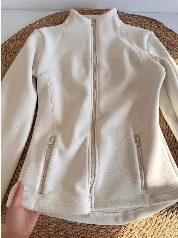 Thickened Fleece Women's Zipper Hoodie Slim Fit Warm Outerwear Stand Collar Cardigan Long Sleeve Autumn Winter Fashionable Top