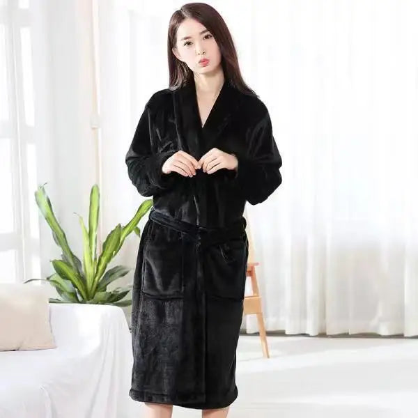 Thickened Long Coral Fleece Robe for Women Autumn Winter Plush Flannel Sleepwear Ankle-Length Men's Bathrobe Home Clothes
