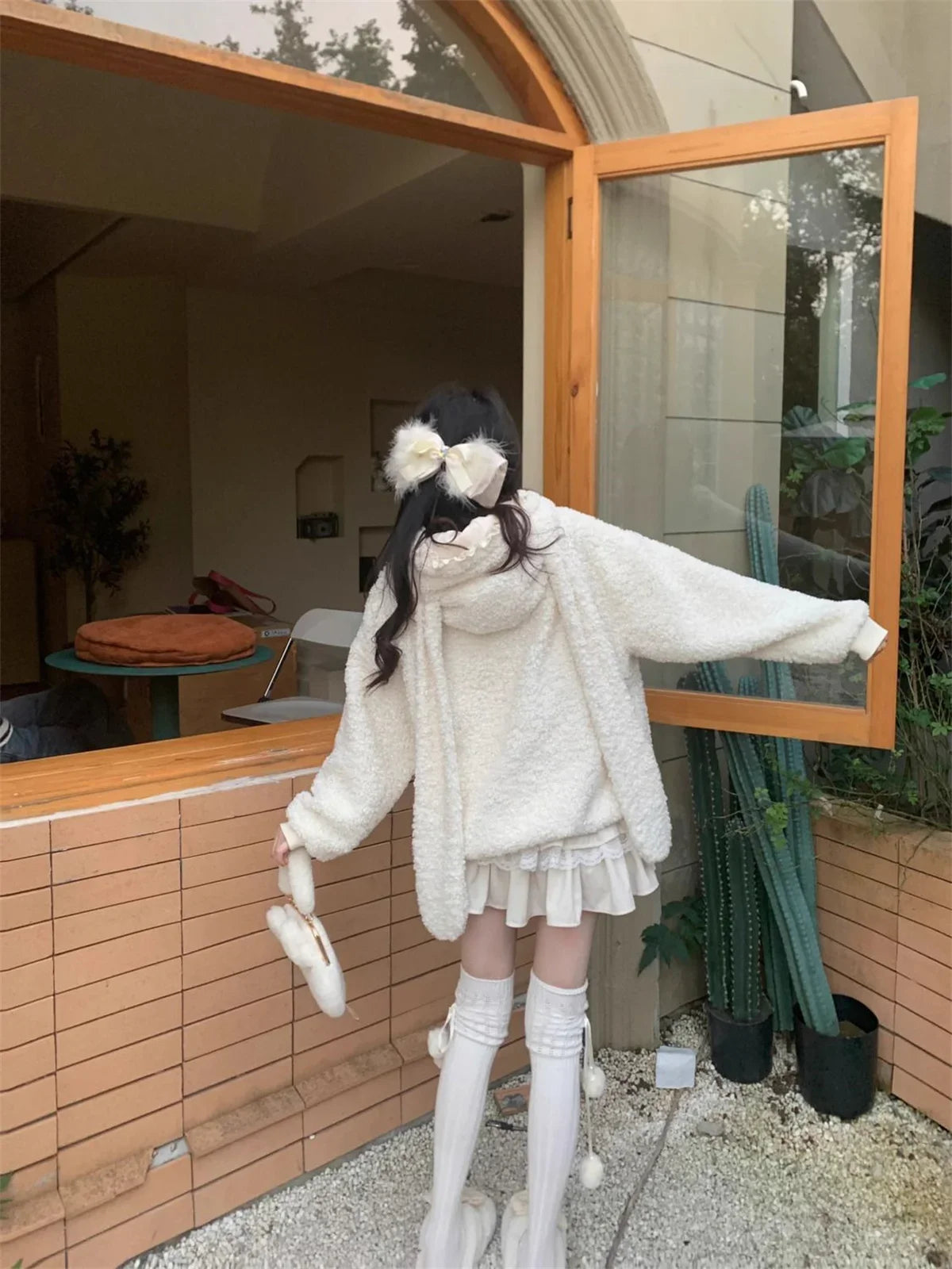 Winter Design Sense Hoodies Warm Rabbit Long Ears Women Sweatshirt Girl Lolita Hooded Zip-up Casual Sweatshirts Harajuku Hoodie