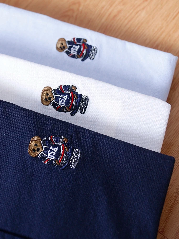 Spring Business Casual Long Sleeve Shirt Men's Cotton Oxford Cloth Embroidery Bear Pattern Inner Wear Trendy Brand Shirt