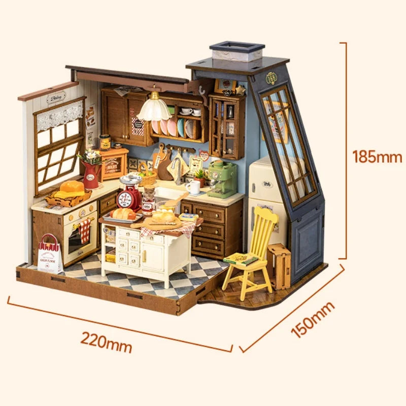 Robotime Baking Kitchen DIY Miniature Dollhouse Kit Crafts Hobbies Amazing Gift 3D Puzzle Mini House Building Kit Book Nook