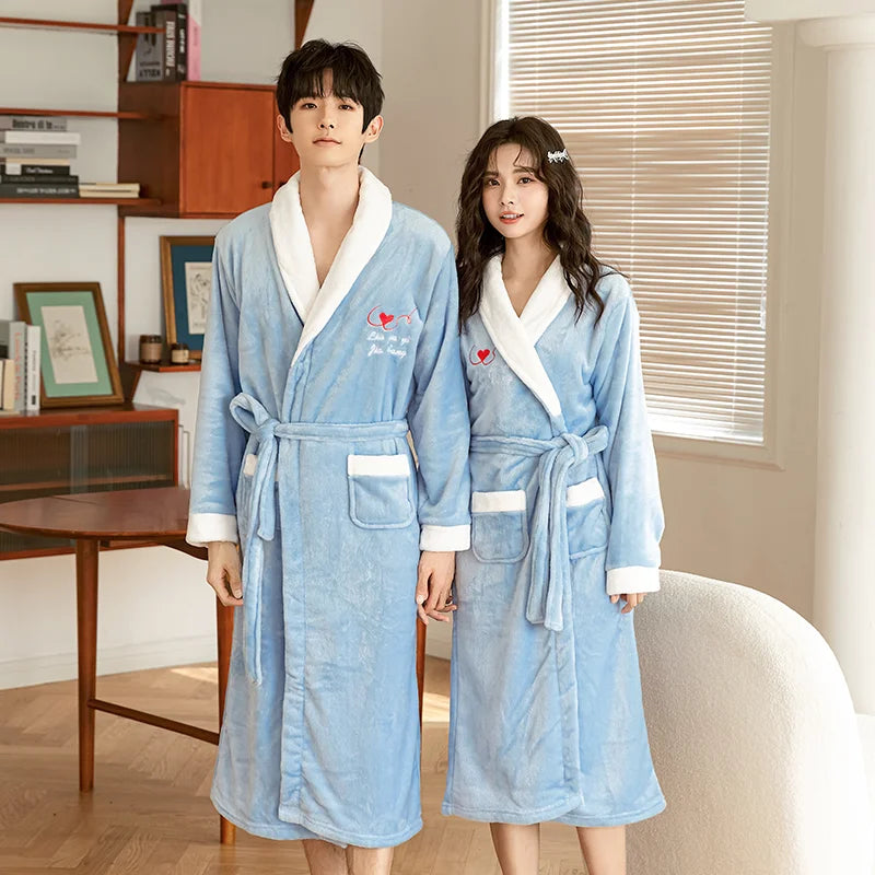 Thickened Coral Fleece Robe Long Home Wear for Men And Women Winter Warm Sleepwear Couple Matching Pajamas Velvet Fabric