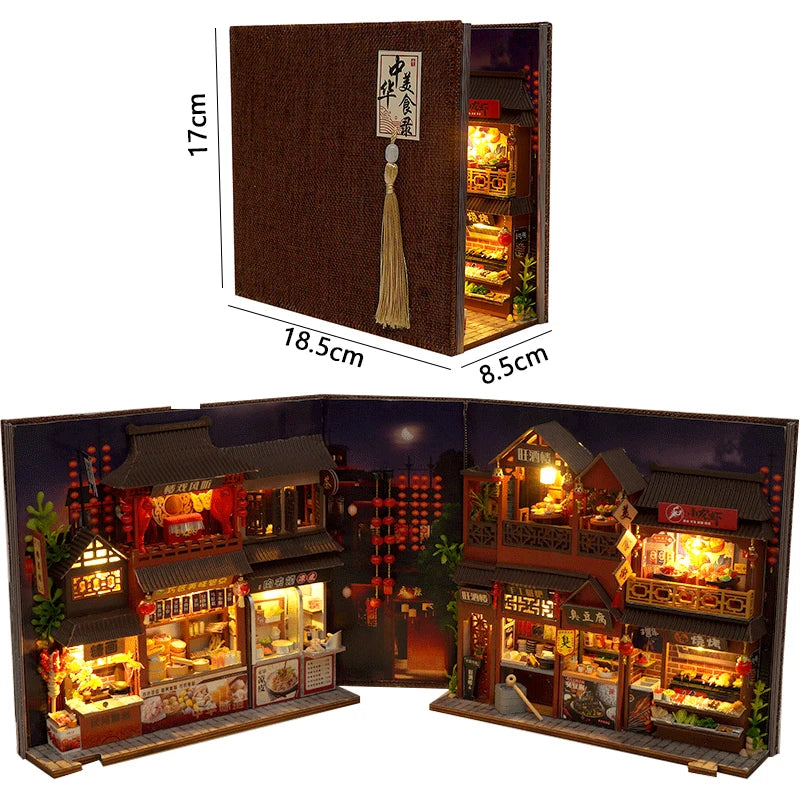 DIY Wooden Bookshelf Dollhouses Book Nook Shelf Insert Miniature Model Kits With Light Bookshelf Bookend Wooden Puzzle Toys Gift