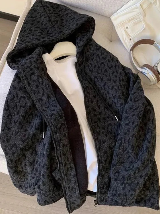 plus Size Women's Hooded Fleece Lined Thickened Cardigan Coat Leopard Print Warm Sweatshirt Loose Fit Autumn Winter Outerwear