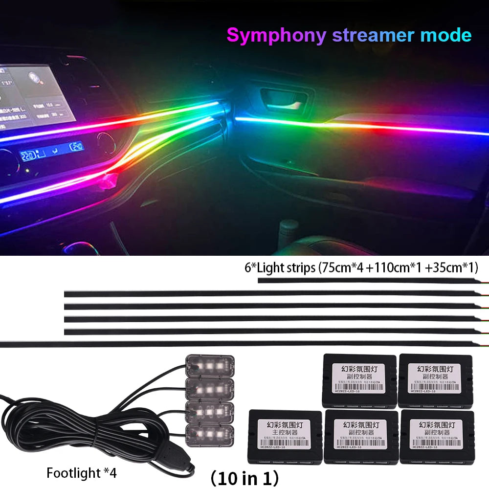 18 in 1 New LED Hidden Car Ambient Light Interior LED Black Hidden Acrylic Atmosphere Strip RGB 64/Full Colors Streamer Symphony