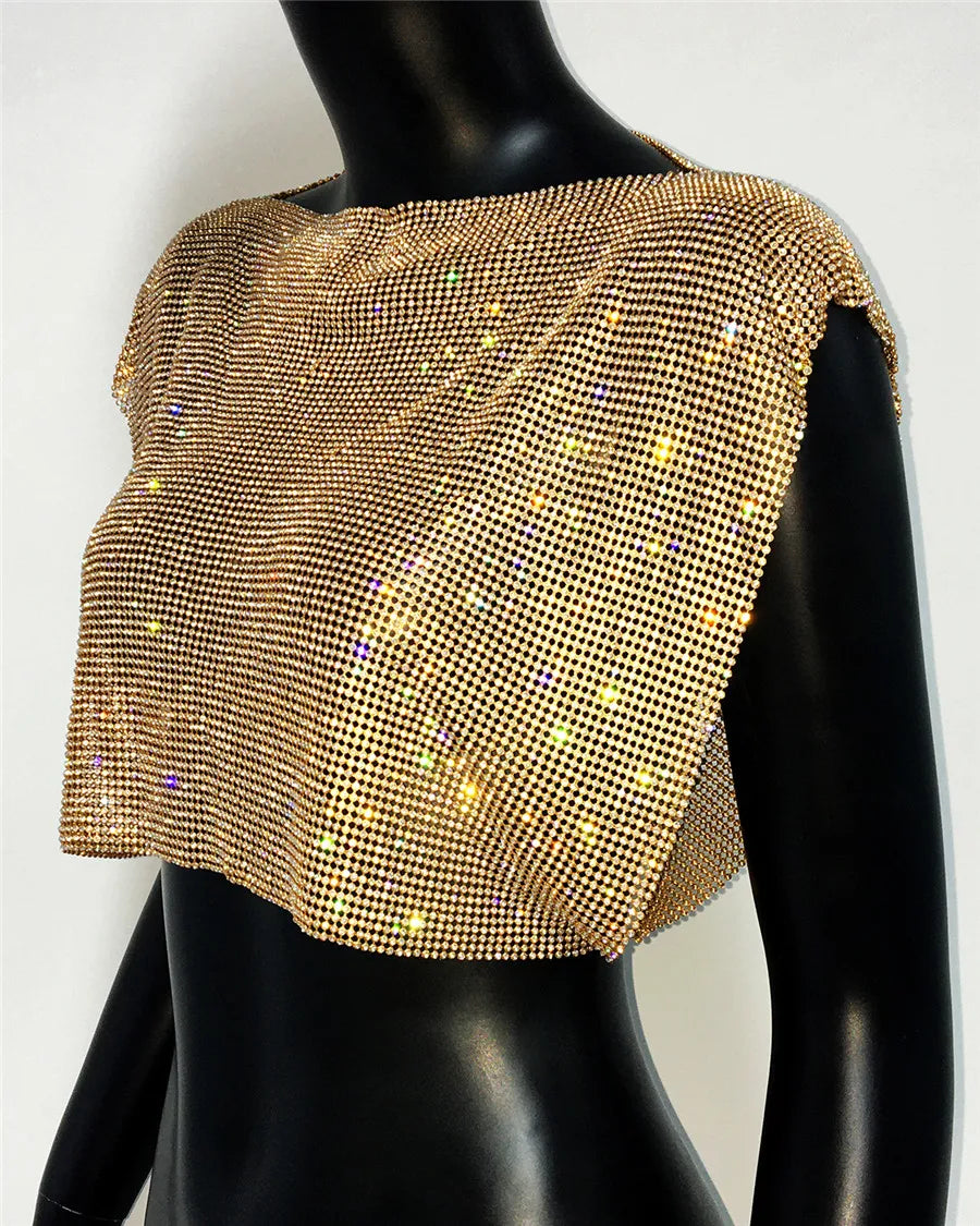 Shiny Rhinestone Metal Sequins Crop Tops Summer Women Sexy Round Neck Handmade Camisole Nightclub Party Club Tank Tops