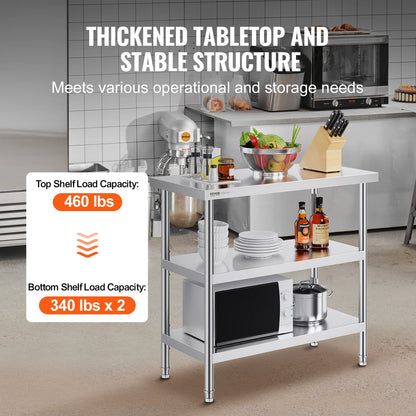 SucceBuy Stainless Steel Food Prep Table Commercial Kitchen Worktable with 2 Adjustable Undershelf for BBQ Kitchen Home Garage
