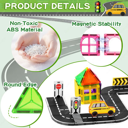 Magnetic City Road Building Set with Magnetic Signs & Toy Cars, Kids STEM Educational Toy. Safe Magnetic Blocks for Boys & Girls