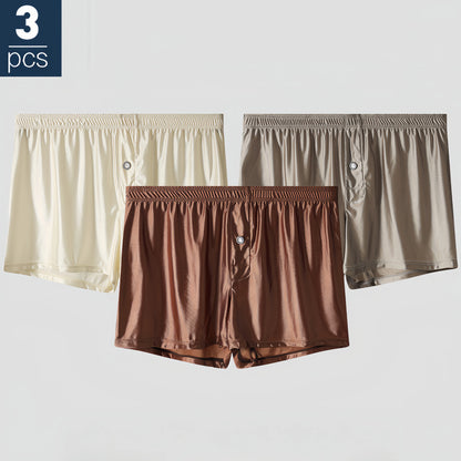 Three-Pack of Men's High-End Simple Smooth Satin Comfortable Skin-Friendly Home Boxer Briefs, Casual Sports Boxer Briefs for Men That Can Be Worn Outside