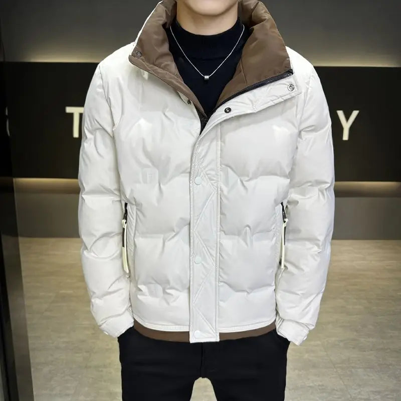 Korean Style Men's Short Down Jacket 2025 Winter Warm Slim Fit White Duck Down Coat with Stand Collar for Youth