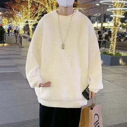 Autumn and winter loose shoulder sweater for young men Japanese retro pineapple needle jacquard lazy round neck knit sweater