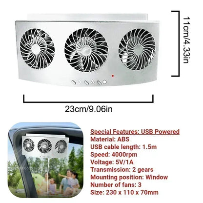 3 Head Car Exhaust Fan USB Rechargeable Solar High Wind Power Air Circulation Cooling Heat Dissipation Universal Fit All Cars