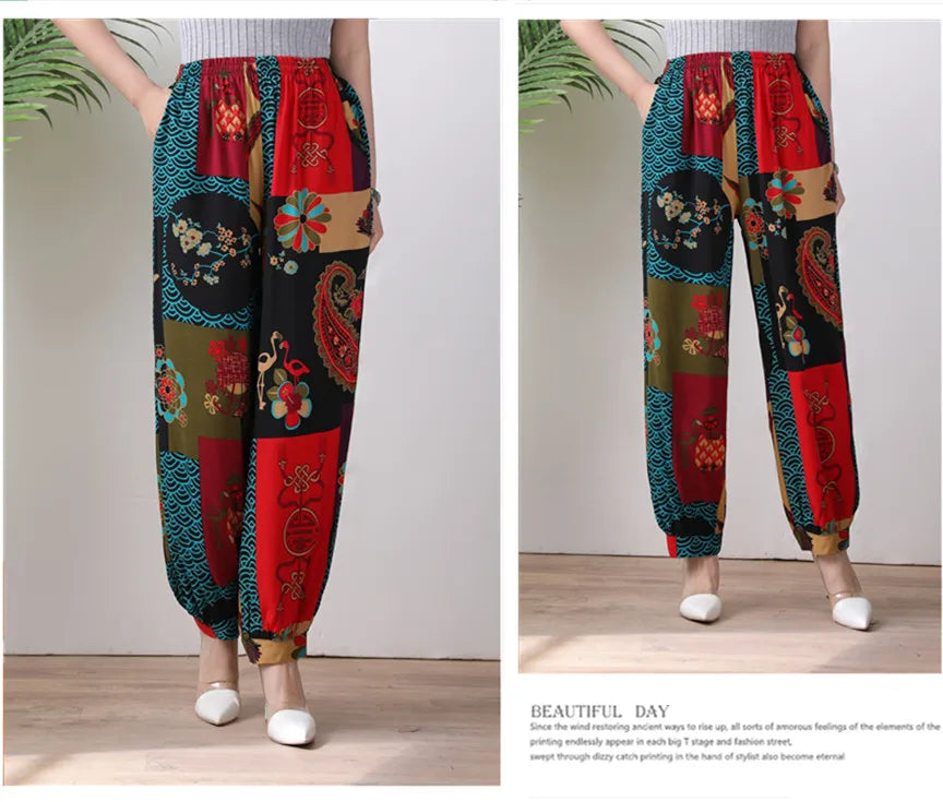High Waist Lantern Pants Casual Cotton Silk Large Size Printed Long Trousers for Middle-Aged And Elderly Women