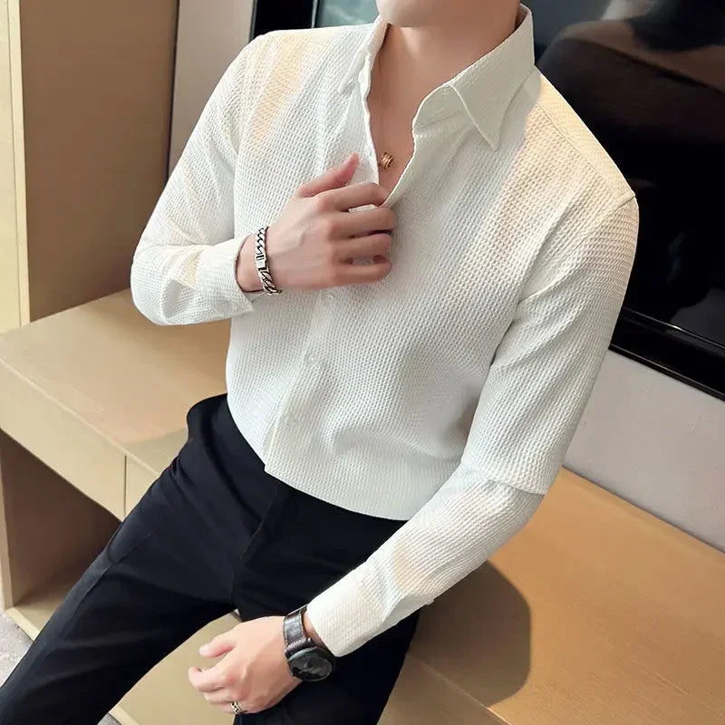 Male Shirts Green Plain Men's Shirt Business Waffle Designer Fashion 2025 Hipster Regular Elegant Slim Fit Cheap Brand Social I