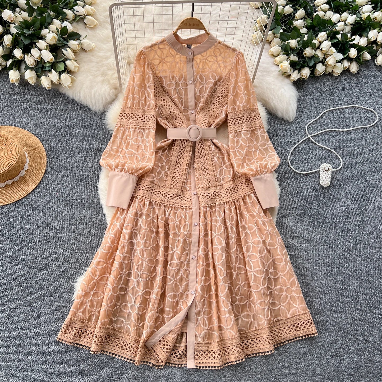 Court Sle Heavy Embroidery Lantern Sve Long Dr Women's Retro Winter Faion High Waist A-Line Dr Korean Version