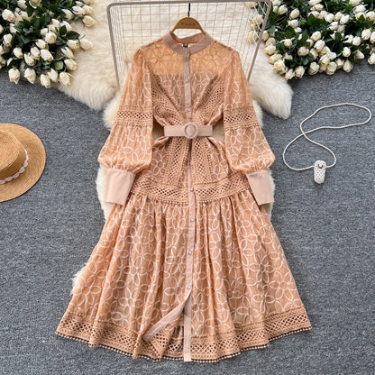 Court Sle Heavy Embroidery Lantern Sve Long Dr Women's Retro Winter Faion High Waist A-Line Dr Korean Version