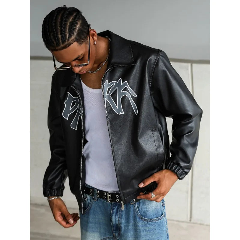 Men's High Street Faux Leather Jacket Retro Windproof Warm Coat Men Letter Print Lapel Collar Motorcycle Street Style Outerwear