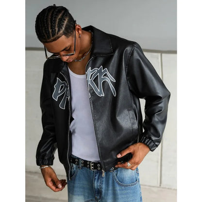 Men's High Street Faux Leather Jacket Retro Windproof Warm Coat Men Letter Print Lapel Collar Motorcycle Street Style Outerwear