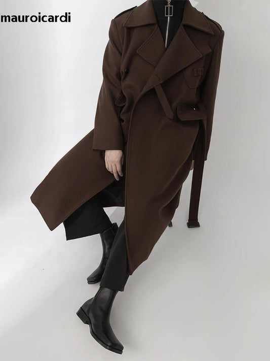Mauroicardi Autumn Winter Cool Elegant Long Warm Black Woolen Trench Coat Men Belt Luxury Designer Clothes Wool Blends Overcoat