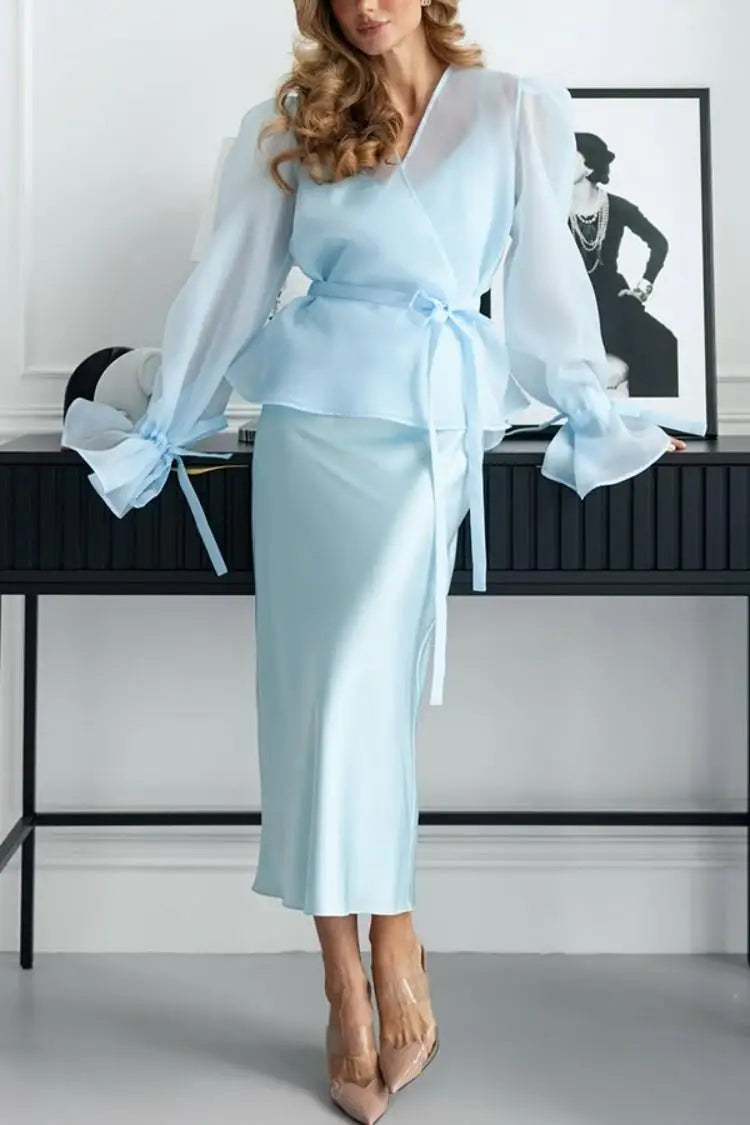 Elegant Shirt Style Satin Dress Women's High Waist Belted Long Sleeve Fashion Set High Quality Chinese Brand Summer Outfit